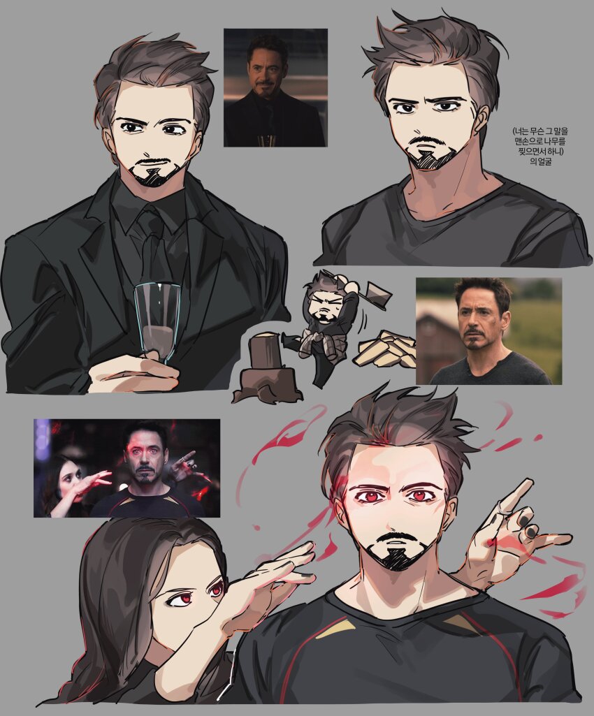 &gt;_&lt; 1boy 1girl absurdres alcohol animification arms_up avengers:_age_of_ultron avengers_(series) axe black_eyes black_hair black_jacket black_nails black_necktie black_pants black_shirt black_shoes brown_hair chjjlold closed_eyes closed_mouth clothes_around_waist collared_shirt commentary_request covered_mouth cup derivative_work drinking_glass elizabeth_olsen facial_hair fingernails grey_background hands_up highres holding holding_axe holding_cup jacket korean_commentary lapels long_hair long_sleeves looking_at_another looking_at_viewer marvel marvel_cinematic_universe mind_control multiple_views nail_polish necktie pants red_eyes robert_downey_jr. screenshot_redraw shirt shoes short_hair simple_background smile standing standing_on_one_leg suit_jacket sweatdrop teeth tony_stark upper_body wanda_maximoff