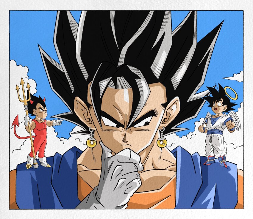 3boys angel_and_devil angel_wings black_eyes black_hair blue_background blue_sash blue_shirt bodysuit border close-up demon_tail dougi dragon_ball dragonball_z earrings feathered_wings gloves halo highres jewelry male_focus medium_hair mini_person multiple_boys orange_hair pants potara_earrings red_bodysuit sash shirt son_goku spiked_hair tail vegetto wesatinthecar white_border white_gloves white_pants white_shirt white_wings wings