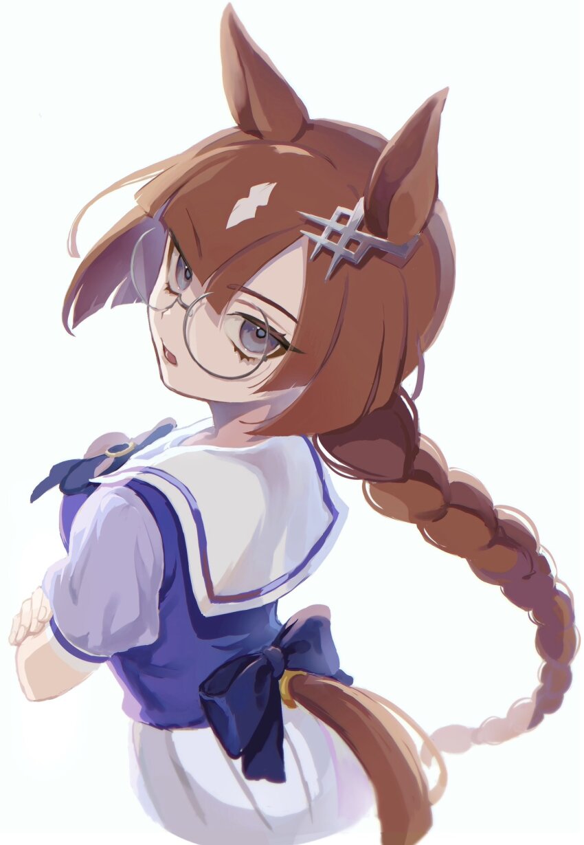 1girl animal_ears asymmetrical_bangs braid braided_ponytail breasts brown_hair clothing_cutout cropped_torso crossed_arms ear_ornament from_above glasses grey_eyes highres horse_ears horse_girl horse_tail ikuno_dictus_(umamusume) long_hair looking_at_viewer multicolored_hair open_mouth puffy_short_sleeves puffy_sleeves purple_shirt round_eyewear school_uniform sekiyu_inu shirt short_sleeves simple_background skirt small_breasts solo streaked_hair tail tail_through_clothes tracen_school_uniform umamusume upper_body white_background white_skirt