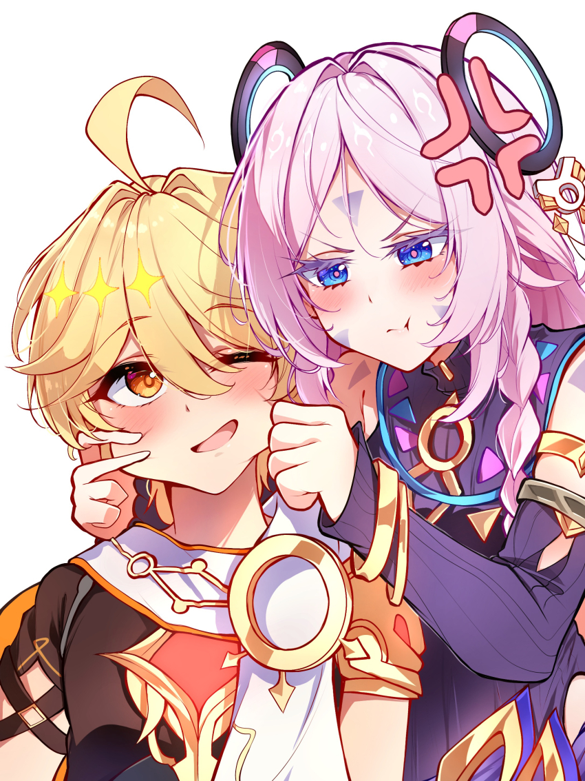 1boy 1girl absurdres aether_(genshin_impact) ahoge anger_vein blonde_hair blue_eyes blush braid brown_shirt cheek_pinching citlali_(genshin_impact) commentary commission detached_sleeves english_commentary genshin_impact highres midori_(midori13579) one_eye_closed open_mouth orange_eyes pinching pink_hair pink_pupils pout purple_shirt shirt tattoo twin_braids wink_star