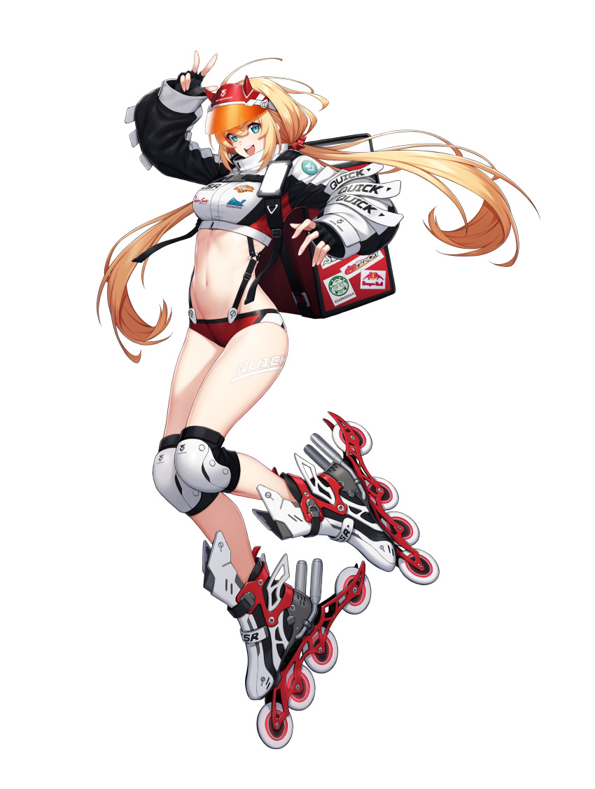 1girl :d absurdres arm_up black_gloves black_jacket blonde_hair blue_eyes brand_name_imitation breasts buruma chloe_starseeker counter:side crop_top cropped_jacket fingerless_gloves floating_hair full_body gloves high_collar highres inline_skates jacket knee_pads lara_jaeger leg_tattoo long_hair long_sleeves looking_at_viewer low_twintails medium_breasts midriff navel official_art open_mouth puffy_sleeves red_buruma revealing_clothes roller_skates shirt shoes skates smile solo starbucks stomach strap tattoo thighs transparent_background twintails very_long_hair visor_cap w white_shirt