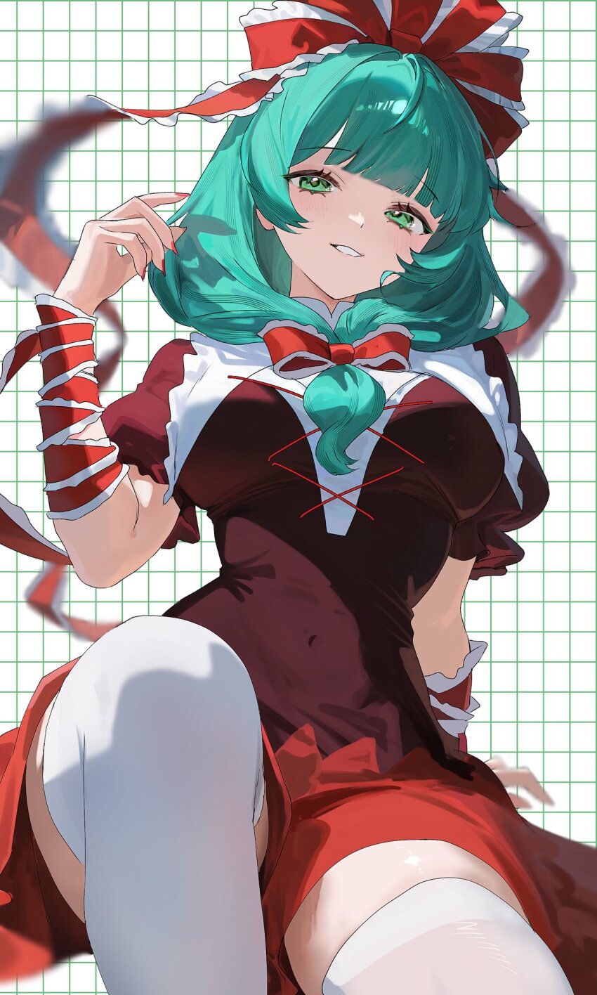 1girl aqua_eyes aqua_hair arm_support breasts commentary commission dress frilled_ribbon frills grid_background highres iood kagiyama_hina knee_up looking_at_viewer nail_polish parted_lips red_dress red_nails ribbon skeb_commission smile solo thighhighs thighs touhou white_thighhighs