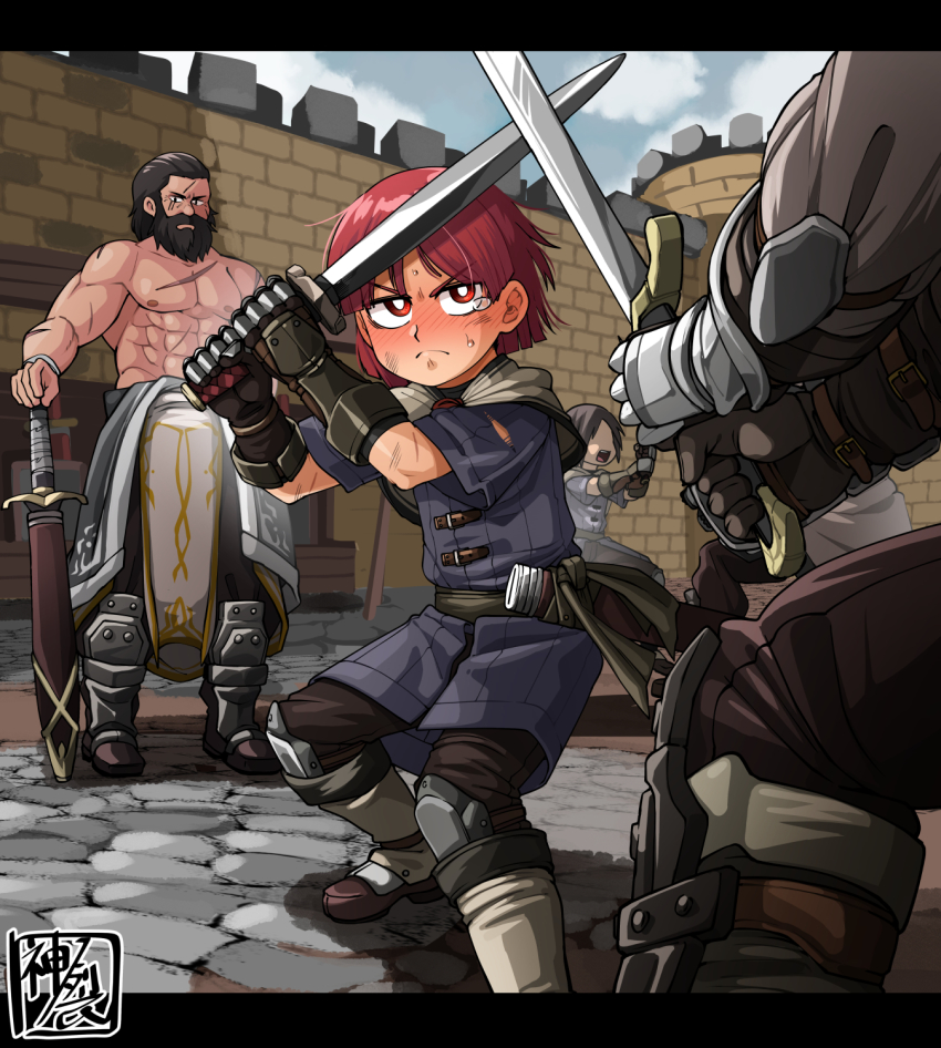 5boys armor armored_boots armored_dress boots castle cloud commentary_request dress fantasy fighting_stance fortress gauntlets highres holding holding_weapon kaminosaki male_focus multiple_boys muscular muscular_male palace ragnarok_online red_eyes red_hair solo_focus sword swordsman_(ragnarok_online) topless_male weapon