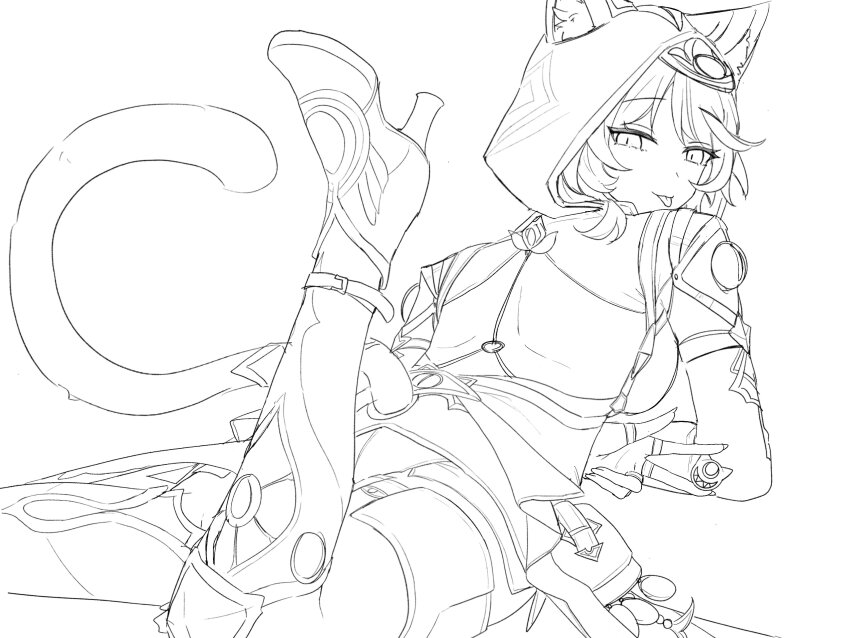 1girl absurdres animal_ears animal_hood boots cat_ears cat_girl cat_hood cat_tail cipher_(honkai:_star_rail) from_behind haikure_3 highres honkai:_star_rail honkai_(series) hood lineart simple_background solo tail tongue tongue_out white_background