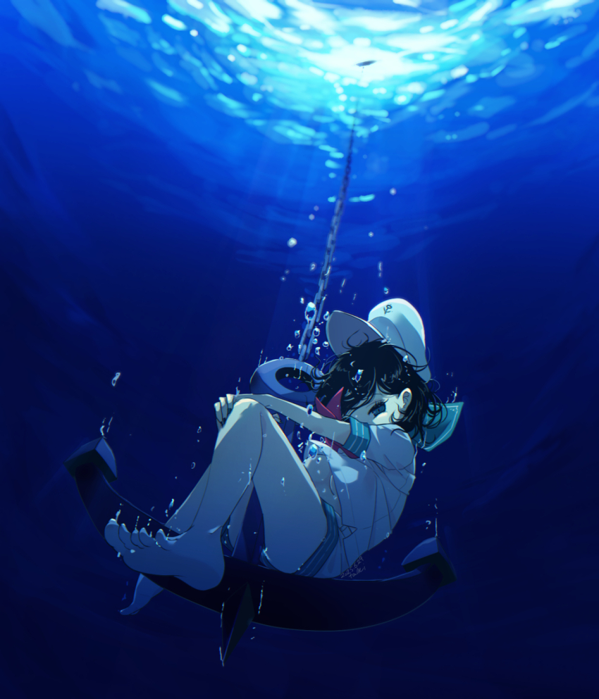 1girl 2025 anchor anchor_symbol artist_name barefoot black_hair breasts chain dated full_body highres knees_up looking_at_viewer murasa_minamitsu neckerchief no_bra ocean red_neckerchief shirt short_hair shorts solo tami_(joemanyodw) touhou underboob underwear upshirt white_shirt white_shorts