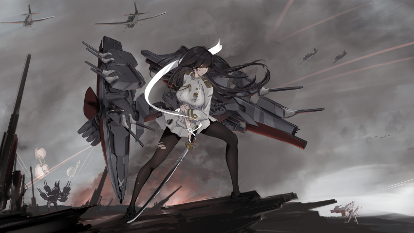 3girls absurdres aiguillette animal_ears azur_lane battle black_hair black_hakama black_pantyhose black_shoes blue_jacket blue_skirt breasts brown_eyes brown_hair character_request check_character commentary_request commission fox_ears gloves grey_hair hair_ears hair_flaps hair_undone hakama hakama_short_skirt hakama_skirt highres holding holding_sword holding_weapon injury jacket japanese_clothes kamikaze_(azur_lane) kamikaze_(retrofit)_(azur_lane) large_breasts long_hair long_sleeves military military_uniform miniskirt multicolored_hair multiple_girls myoukou_(azur_lane) pantyhose pixiv_commission pleated_skirt red_hair ribbon ribbon-trimmed_sleeves ribbon_trim rigging satsukitou ship_turret shoes skirt streaked_hair sword takao_(azur_lane) tbf_avenger thighhighs torn_clothes torn_jacket torn_pantyhose tying_ribbon very_long_hair very_long_sleeves weapon white_gloves white_ribbon wide_sleeves