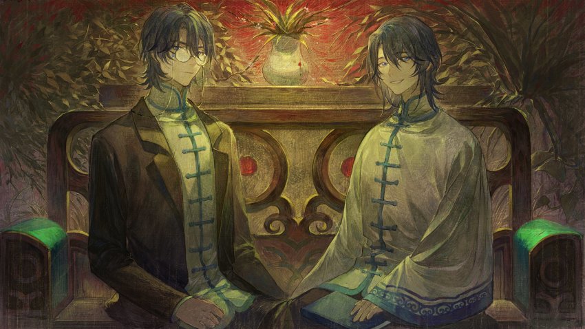 2boys alannoran black_coat black_hair black_jacket black_pants blood blue_eyes book brothers chinese_clothes coat couch eyewear_strap glasses hair_between_eyes highres jacket lang_mingqi lang_wei lapels long_sleeves looking_at_viewer male_focus multiple_boys on_couch pants plant short_hair siblings sitting smile sun_meiqi_mystery toggles vase wide_sleeves