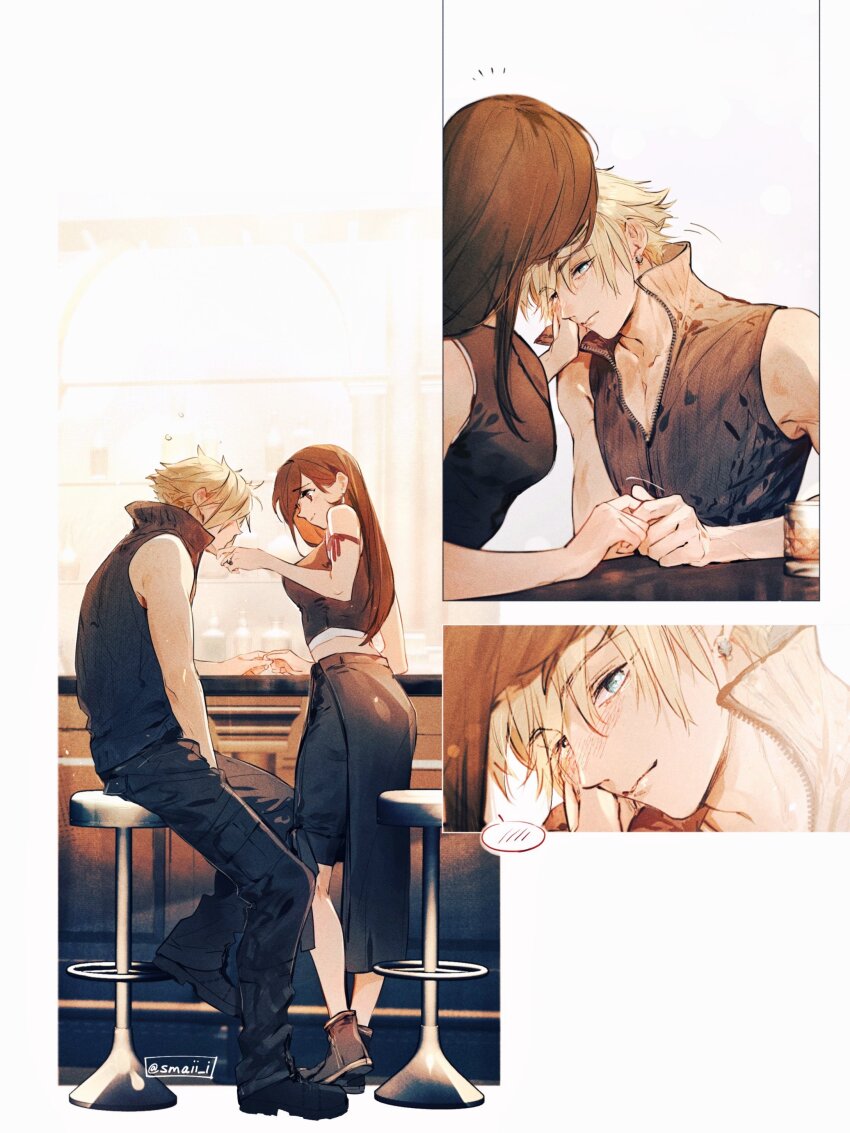 1boy 1girl absurdres apron arm_ribbon bar_(place) bare_shoulders black_apron black_hair black_pants black_shorts black_vest blonde_hair blue_eyes blush breasts close-up closed_mouth cloud_strife commentary counter couple crop_top cup drinking_glass earrings fenrir_(final_fantasy) final_fantasy final_fantasy_vii final_fantasy_vii_advent_children hand_on_another&#039;s_cheek hand_on_another&#039;s_face highres holding_another&#039;s_finger holding_hands indoors jewelry large_breasts long_hair looking_at_another maiii_(smaii_i) midriff_peek multiple_views pants popped_collar red_ribbon ribbon ring shirt short_hair shorts single_earring sitting sleeveless sleeveless_shirt smile spiked_hair spoken_blush standing stud_earrings symbol-only_commentary tank_top tifa_lockhart twitter_username vest waist_apron white_tank_top zipper