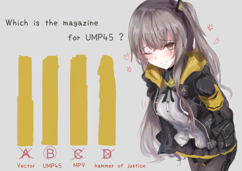 1girl absurdres anger_vein black_jacket black_pantyhose black_skirt blush brown_hair english_text girls&#039;_frontline grin heart highres hood hooded_jacket jacket leaning_forward long_hair looking_at_viewer magazine_(weapon) martinreaction midriff_peek miniskirt neck_ribbon one_eye_closed pantyhose penis pleated_skirt quiz ribbon scar scar_across_eye scar_on_face shirt side_ponytail skirt smile solo ump45_(girls&#039;_frontline) white_shirt yellow_eyes