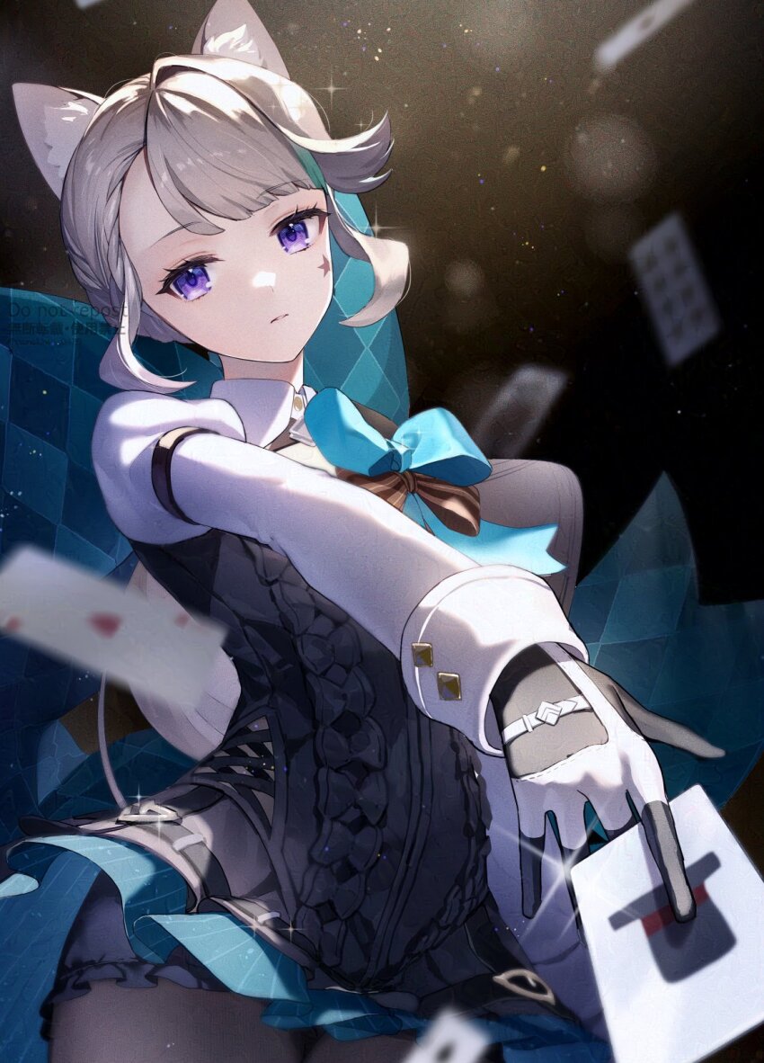 1girl animal_ear_fluff animal_ears black_gloves black_pantyhose blue_bow blue_bowtie blue_skirt bow bowtie card genshin_impact gloves grey_hair highres holding holding_card long_sleeves looking_at_viewer lynette_(genshin_impact) pantyhose parted_lips purple_eyes skirt solo star_tattoo tattoo tsunakawa two-tone_gloves white_gloves