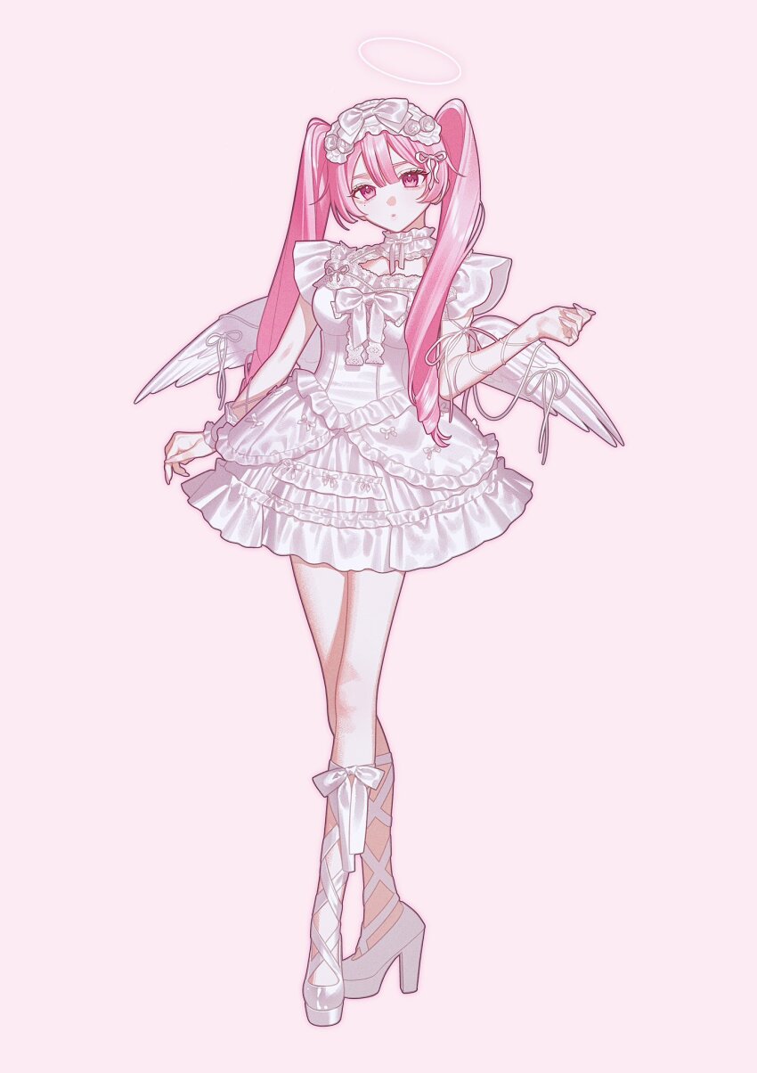 1girl angel_wings dress drill_hair full_body halo highres lace lolita_fashion long_hair looking_at_viewer nanoka_san original pink_eyes pink_hair platform_heels simple_background socks solo sweet_lolita tape twin_drills wings