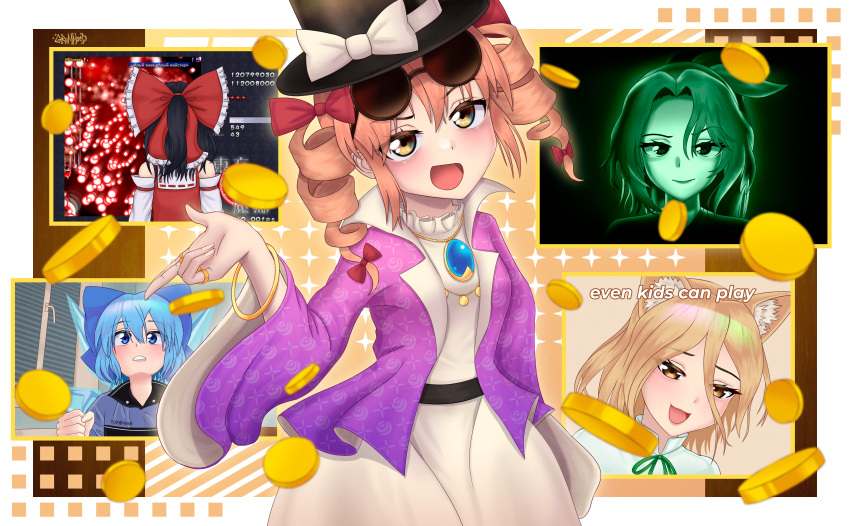 5girls absurdres animal_ears antinomy_of_common_flowers bangle blonde_hair blue_bow blue_eyes blue_hair bow bracelet brown_eyes cirno coat coin commentary detached_sleeves drill_hair english_commentary english_text eyewear_on_head fallout:_new_vegas fallout fox_ears fox_girl frilled_bow frills gameplay_mechanics green_ribbon grummsed hair_bow hakurei_reimu hat hat_bow highres jewelry komakusa_sannyo kudamaki_tsukasa mini_hat mini_top_hat mr._house multiple_girls open_mouth parody pendant polo_shirt purple_coat red_bow ribbon ribbon-trimmed_sleeves ribbon_trim ring romper round_eyewear smug sunglasses top_hat touhou twin_drills unconnected_marketeers white_romper yorigami_jo&#039;on