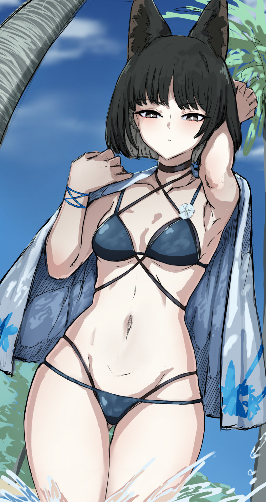 absurdres animal_ears beach bikini black_choker black_eyes blue_archive blue_bikini cat_ears cat_girl choker colored_inner_animal_ears criss-cross_straps highres kikyou_(blue_archive) kikyou_(swimsuit)_(blue_archive) multi-strapped_bikini_bottom navel no_halo no_tail official_alternate_costume perrone405 swimsuit