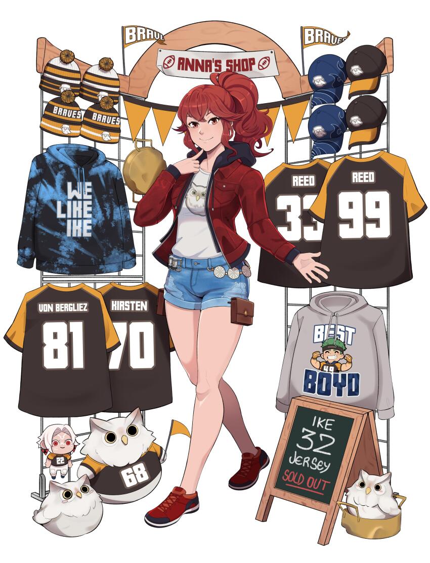1girl absurdres anna_(fire_emblem) arval_(fire_emblem) baseball_cap beanie boyd_(fire_emblem) chalkboard denim denim_shorts feh_(fire_emblem_heroes) fire_emblem fire_emblem_heroes full_body geckobara hat highres hood hood_down hooded_jacket hoodie jacket long_hair merchandise nintendo open_clothes open_jacket pom_pom_(clothes) pom_pom_beanie ponytail red_eyes red_footwear red_hair red_jacket shirt shop shorts stuffed_animal stuffed_owl stuffed_toy t-shirt white_background