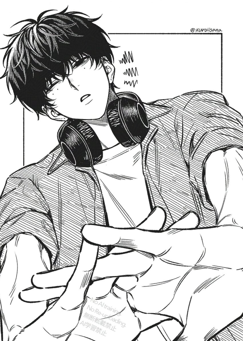1boy artist_name collared_shirt dutch_angle from_below greyscale half-closed_eye hatching_(texture) headphones headphones_around_neck highres kuroiisana looking_at_viewer lower_lip_only male_focus mole mole_under_eye monochrome multiple_moles one_eye_closed open_clothes open_shirt palms parted_lips sakamoto_days seba_natsuki shirt short_hair short_sleeves simple_background solo stretching undershirt upper_body watermark white_background