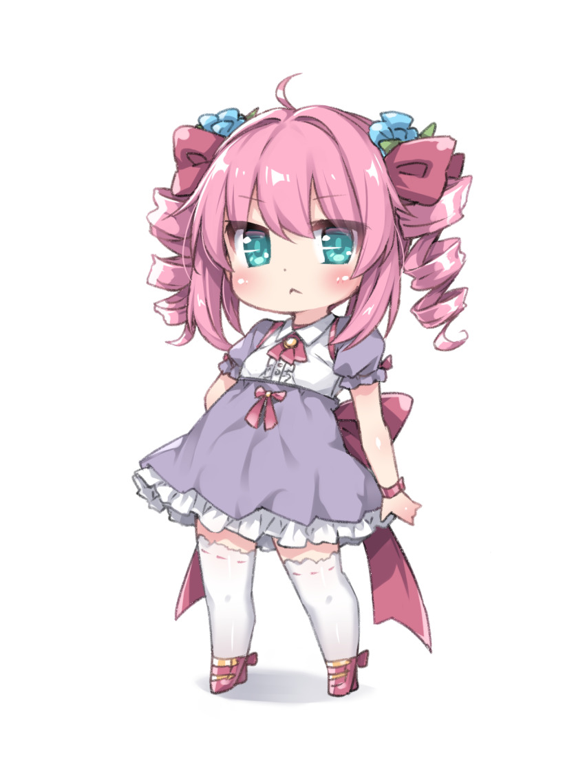 1girl :&lt; ahoge ascot back_bow blue_eyes bow center_frills child closed_mouth collared_shirt commentary_request dot_nose dress_shirt drill_hair flower frills full_body hair_bow hair_flower hair_ornament high-waist_skirt highres looking_at_viewer medium_hair original pink_hair purple_skirt purple_sleeves red_ascot red_bow red_ribbon red_shoes ribbon ribbon-trimmed_thighhighs ribbon_trim shirt shoes short_sleeves skirt solo standing tamase_tama thighhighs twin_drills white_background white_shirt white_thighhighs wrist_ribbon