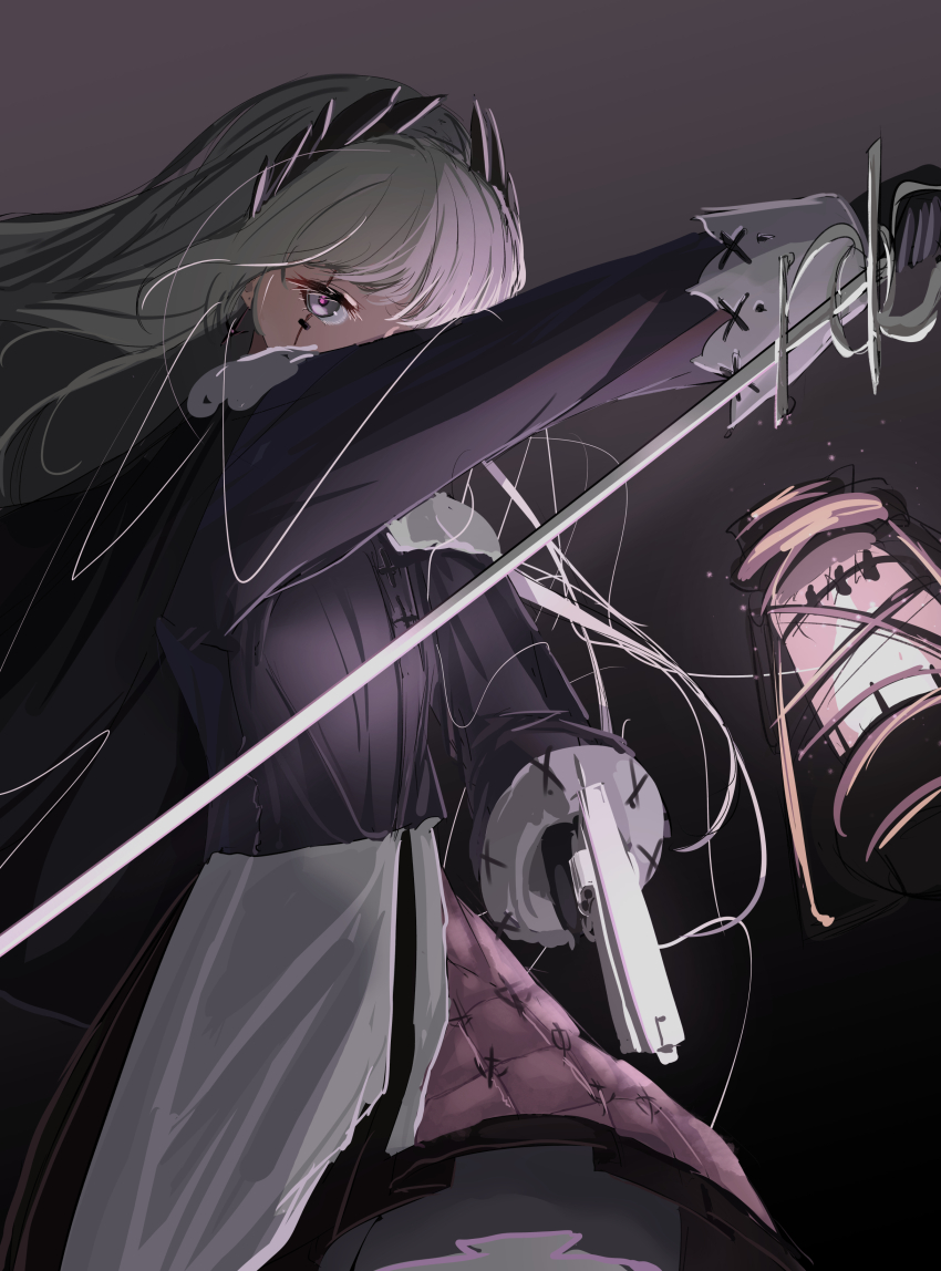 1girl absurdres arknights black_gloves black_shirt cowboy_shot dress earrings gloves grey_eyes grey_hair head_wings highres holding holding_lantern irene_(arknights) jacket jewelry lantern long_hair long_sleeves looking_at_viewer lycoris-fullbloom rapier scar scar_across_eye scar_on_face shirt skirt solo sword weapon white_skirt wings