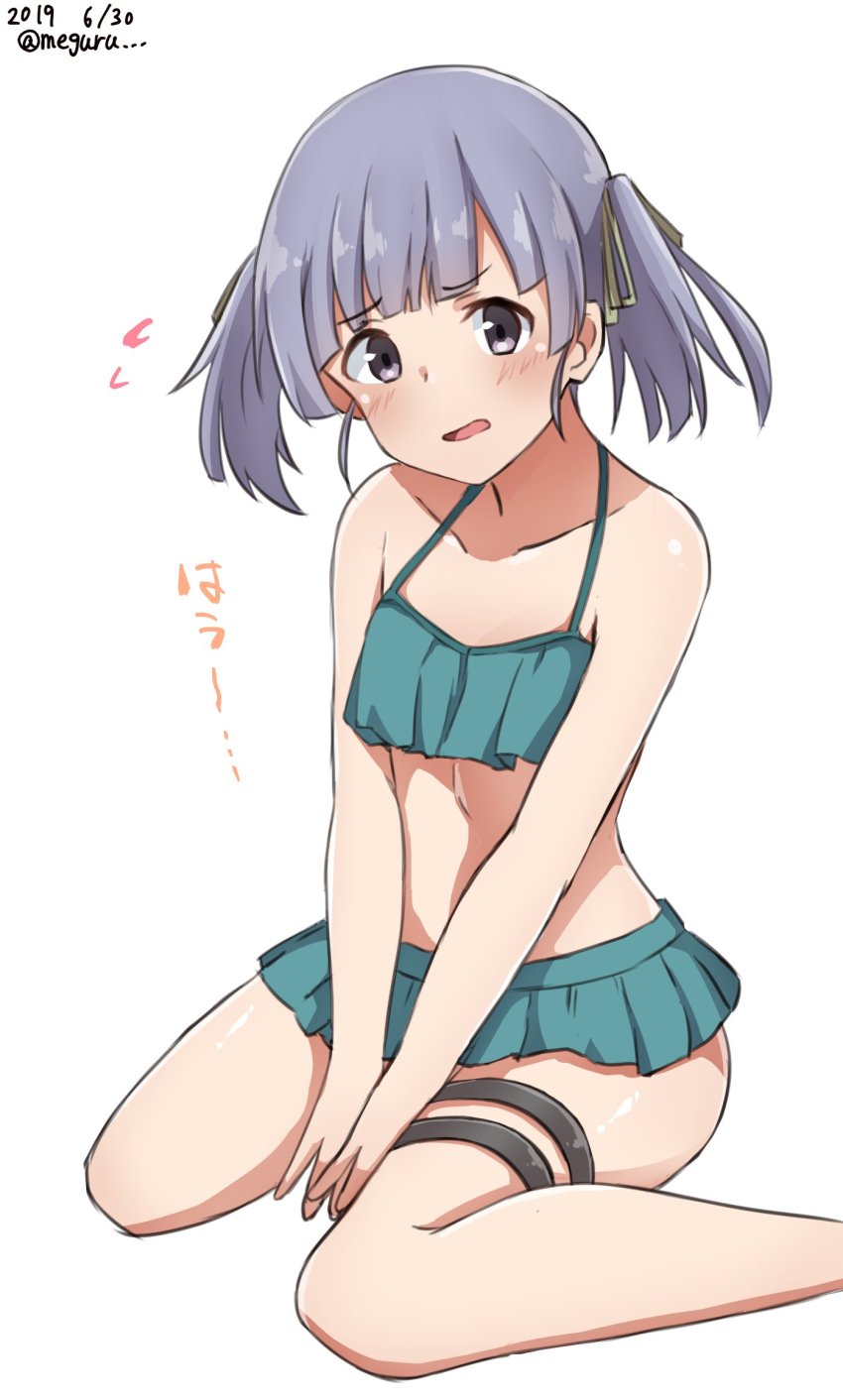 1girl bikini bikini_skirt blunt_bangs collarbone commentary_request cosplay dated embarrassed female_focus flying_sweatdrops green_bikini green_ribbon grey_hair hair_ribbon highres kantai_collection kasumi_(kancolle) kasumi_(kancolle)_(cosplay) kasumi_kai_ni_(kancolle) kasumi_kai_ni_(swimsuit)_(kancolle) looking_at_viewer meguru_(megurunn) one-hour_drawing_challenge ooshio_(kancolle) ribbon short_hair short_twintails simple_background sitting solo swimsuit twintails twitter_username wariza white_background