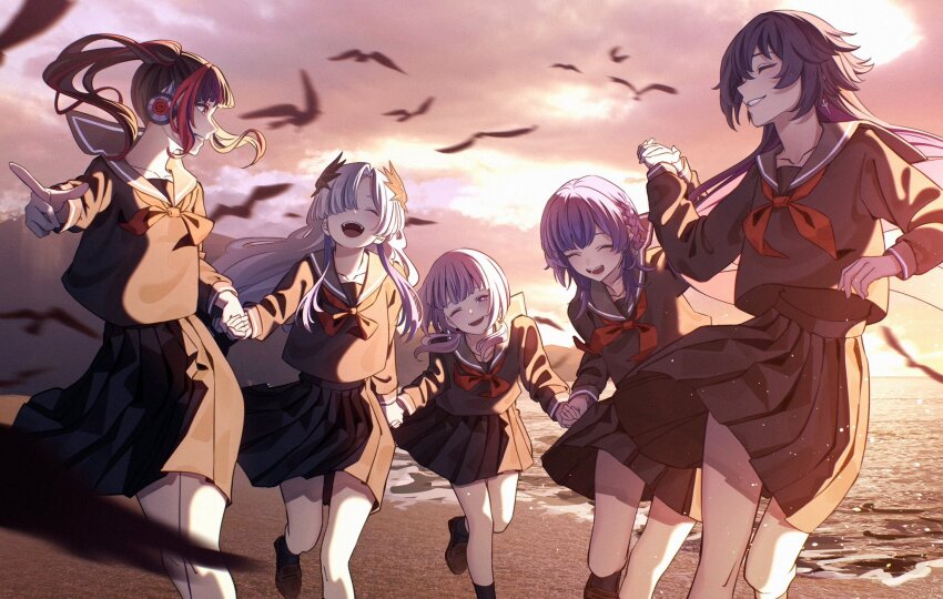 5girls amber589lily angel_wings_hair_ornament asymmetrical_bangs beach bird black_hair black_sailor_collar black_serafuku black_shirt black_skirt black_socks blunt_bangs braid closed_eyes cloud cloudy_sky earrings floating_earring hair_over_one_eye happy harusaruhi headphones high_ponytail highres holding_hands isekaijoucho jewelry kaf_(kamitsubaki_studio) kamitsubaki_studio koko_(kamitsubaki_studio) loafers long_hair long_sleeves low_twintails multiple_girls neckerchief ocean one_eye_closed one_eye_covered orange_sky parted_bangs pink_hair pleated_skirt ponytail purple_hair red_neckerchief red_streaks rim_(kamitsubaki_studio) running sailor_collar sand school_uniform seagull serafuku shirt shoes shore short_hair side_braid skirt sky smile socks twintails virtual_youtuber white_hair wind wind_lift