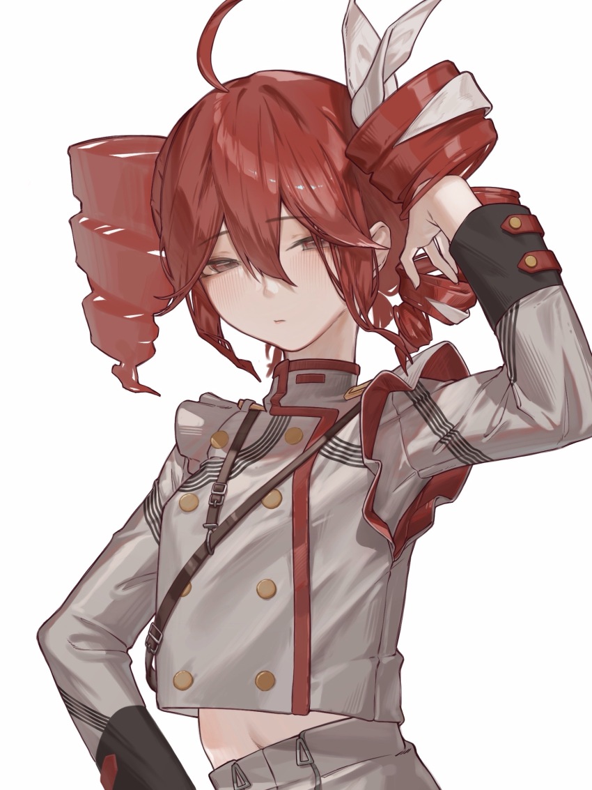 1girl ahoge black_sleeve_cuffs bow closed_mouth drill_hair green_skirt grey_jacket hair_between_eyes hair_bow hair_ribbon hand_up highres jacket kasane_teto kasane_teto_(sv) layered_sleeves long_sleeves looking_at_watch midriff_peek musical_staff musical_staff_print navel red_trim ribbon shoulder_belt simple_background skirt solo striped_clothes striped_jacket synthesizer_v twin_drills utau white_bow white_hair white_ribbon yueyue_no_hand