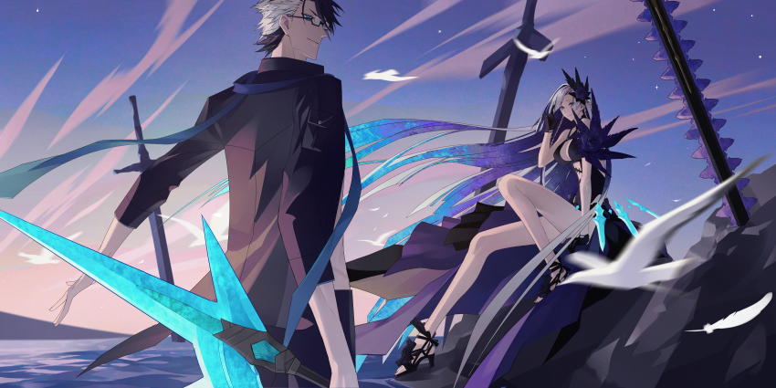 1boy 1girl absurdres bare_shoulders bird black_gloves blue_eyes blue_hair blue_scarf breasts brynhild_(fate) brynhild_(swimsuit_berserker)_(fate) brynhild_(swimsuit_berserker)_(second_ascension)_(fate) cleavage_cutout clothing_cutout dress dress_swimsuit fate/grand_order fate_(series) firewind flower glasses gloves gram_(fate) hair_flower hair_ornament high_heels highres holding holding_sword holding_weapon husband_and_wife large_breasts long_hair multicolored_hair open_clothes open_shirt planted planted_sword planted_weapon purple_eyes purple_flower purple_rose rose scarf sigurd_(fate) sigurd_(memories_with_my_lover)_(fate) sitting smile sword two-tone_hair very_long_hair water weapon white_hair wind