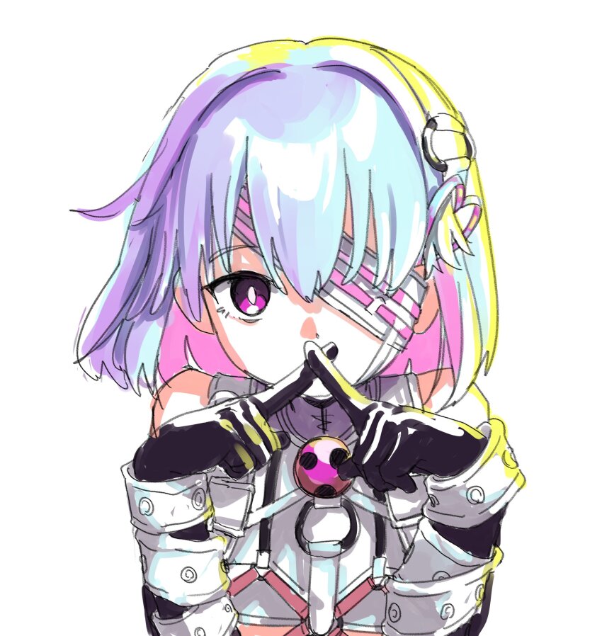 1girl black_gloves bright_pupils colored_inner_hair covering_own_mouth dohna_dohna_issho_ni_warui_koto_o_shiyou eyepatch gag gloves highres looking_at_viewer mano_eglu multicolored_hair one_eye_covered pink_hair porno_(dohna_dohna) short_hair simple_background solo two-tone_hair upper_body white_background white_hair white_pupils wiffle_gag x_fingers