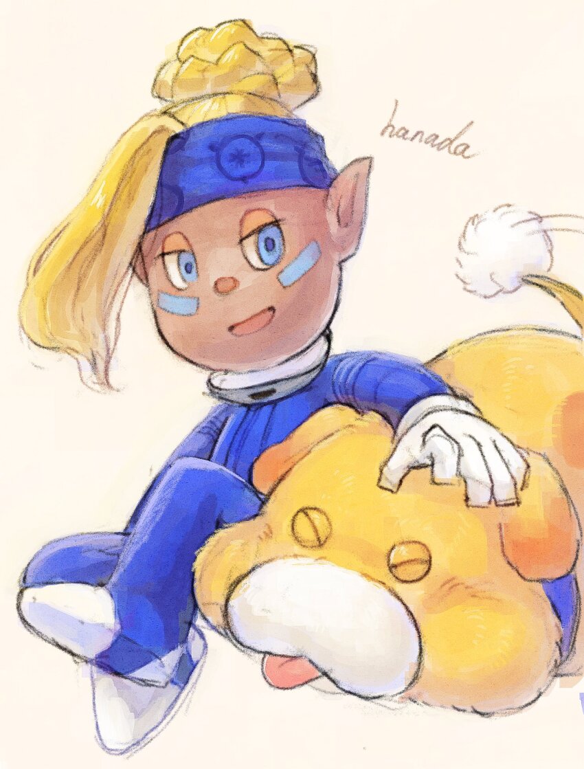 1girl alien artist_name asymmetrical_bangs blonde_hair blue_collar blue_eyes blue_headband blue_jumpsuit boots closed_eyes collar commentary_request dark-skinned_female dark_skin dog shepherd_(pikmin) facial_mark floppy_ears gloves hair_bun half-closed_eyes hanada_(cobalt003) hand_on_animal headband highres jumpsuit long_bangs looking_at_viewer motion_lines nintendo no_headwear oatchi_(pikmin) open_mouth petting pikmin_(series) pointy_ears short_hair signature single_hair_bun sitting smile spacesuit spots tail tail_wagging tongue tongue_out white_footwear white_gloves yellow_background yellow_fur