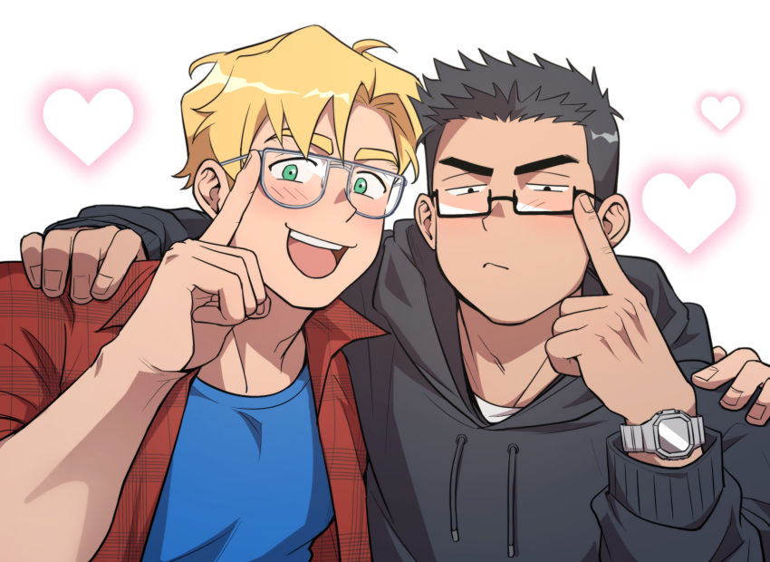 2boys alternate_costume ao_isami bara bespectacled black_hair blonde_hair blush couple glasses heart highres lewis_smith looking_at_another male_focus multiple_boys shirt short_hair shy smile thick_eyebrows upper_body wasted_m9 white_background yaoi yuuki_bakuhatsu_bang_bravern