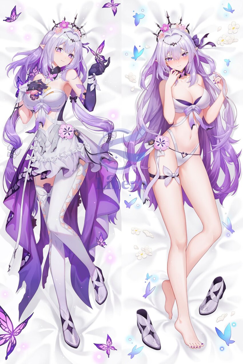1girl asymmetrical_gloves barefoot bed_sheet blush bow breasts bug butterfly butterfly_on_hand castorice_(honkai:_star_rail) cleavage closed_mouth commentary dakimakura_(medium) dress english_commentary fingernails flower full_body gloves gradient_hair hair_between_eyes hand_on_own_chest highres honkai:_star_rail honkai_(series) insect large_breasts libero_art long_hair looking_at_viewer lying multicolored_hair multiple_views nail_polish navel on_back pointy_ears purple_butterfly purple_eyes purple_flower purple_gloves purple_hair purple_nails shoes smile stomach thigh_strap thighhighs toenail_polish toenails uneven_gloves unworn_shoes very_long_hair white_bow white_shoes white_thighhighs