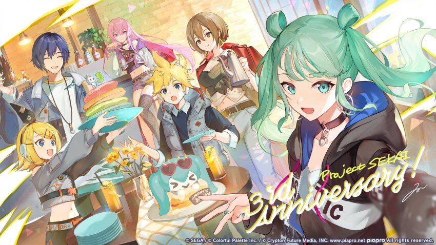 2boys 4girls :d :o ^_^ anniversary aqua_eyes aqua_hair aqua_nails belt black_belt black_bow black_choker black_hoodie black_sweater black_thighhighs blonde_hair blue_eyes blue_jacket blue_pants bow breasts candle choker closed_eyes collared_sweater commentary_request copyright_name copyright_notice crop_top denim drinking_straw earrings fishnet_thighhighs fishnets food fruit glass grey_belt grey_bow grey_shirt grey_vest guest_art happy_birthday hatsune_miku heart highres holding holding_plate hood hoodie hou_(ppo) jacket jacket_on_shoulders jeans jewelry kagamine_len kagamine_rin kaito_(vocaloid) lemon lemon_slice long_hair long_sleeves medium_hair megurine_luka meiko_(vocaloid) multiple_boys multiple_girls navel necklace official_art open_mouth pancake pancake_stack pants pink_hair plant plate potted_plant project_sekai puffy_long_sleeves puffy_sleeves red_jacket second-party_source shirt signature single_fishnet_legwear single_thighhigh sitting smile spiked_hair sweater teeth thighhighs tofu_(project_sekai) tongue torn_clothes torn_pants triangle triangle_earrings twintails two-tone_bow upper_teeth_only vest vivid_bad_squad_kaito vivid_bad_squad_len vivid_bad_squad_luka vivid_bad_squad_meiko vivid_bad_squad_miku vivid_bad_squad_rin vocaloid w white_shirt