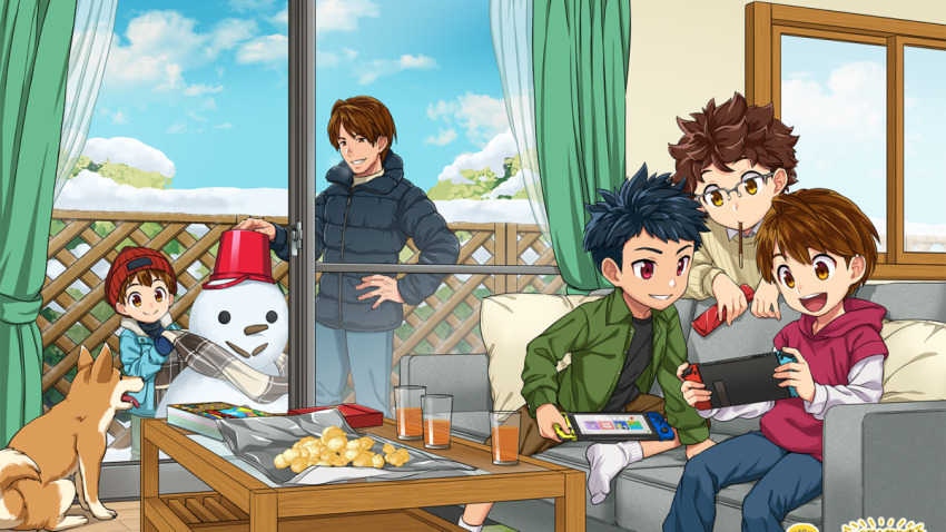 5boys blue_hair box brown_eyes brown_hair bucket child chips_(food) coffee_table corocoro couch dog eating elementary_schoolboy food glass_of_juice glasses hat indoors jacket juice living_room messy_hair multiple_boys nintendo nintendo_switch orange_juice pants pillow playing playing_videogame pocky potato_chips red_eyes scarf shiba_inu shirt short_hair shorts shota_fes smile snow snowman socks sweater table teeth window winter winter_hat yellow_eyes