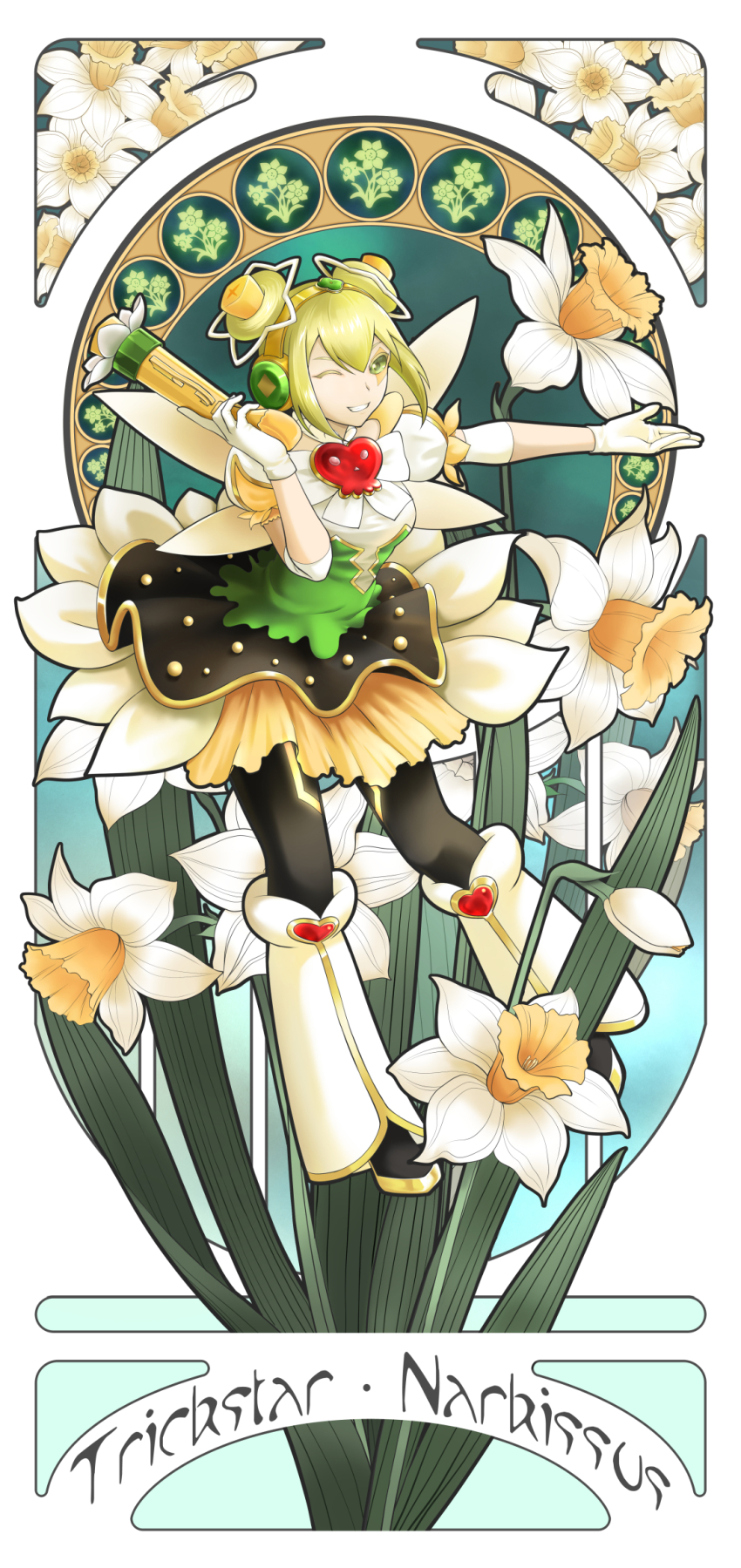 1girl art_nouveau black_pantyhose breasts clenched_teeth double_bun dress duel_monster flower gloves green_eyes gun hair_bun headphones highres holding holding_gun holding_weapon idol idol_clothes looking_at_viewer medium_breasts one_eye_closed pantyhose parted_lips pink_flower puffy_short_sleeves puffy_sleeves short_hair short_sleeves smile solo teeth trickstar_narkissus weapon white_gloves xix06 yu-gi-oh!