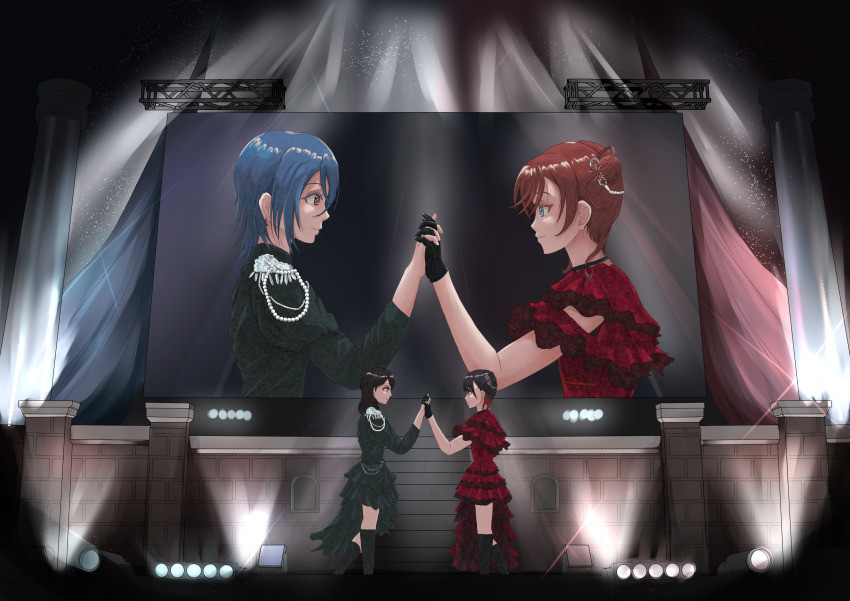4girls absurdres black_choker black_gloves black_hair black_thighhighs blue_eyes blue_hair choker closed_mouth colored_eyelashes commentary_request cosplay earrings eye_contact glass_ball_rejection gloves hair_bun hair_ornament hand_up highres holding_hands interlocked_fingers jewelry long_sleeves looking_at_another love_live! love_live!_superstar!! multicolored_hair multiple_girls ookuma_wakana ookuma_wakana_(cosplay) partial_commentary red_hair rr_azalea screen short_hair_with_long_locks short_sleeves smile stage_lights standing thighhighs two-tone_hair voice_actor voice_actor_connection wakana_shiki yabushima_akane yabushima_akane_(cosplay) yoneme_mei