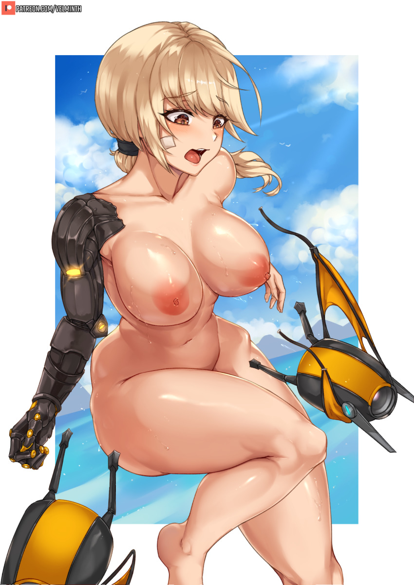 1girl blonde_hair blue_skirt breasts clothes_theft cloud cyborg dutch_angle eri_(uragoner) highres large_breasts mechanical_arms mountainous_horizon narrow_waist navel nipples nude ocean open_mouth red_eyes short_hair single_mechanical_arm skirt sweat swimsuit_theft theft thighs uragoner velminth