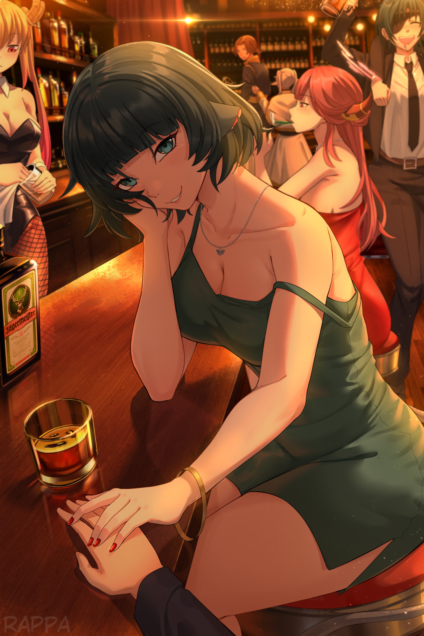 1boy 1other 5girls absurdres alternate_costume aru_(blue_archive) aru_(dress)_(blue_archive) bar_(place) bare_shoulders belt black_hair black_leotard black_necktie black_pants blonde_hair blue_archive breasts brown_belt chainsaw_man cleavage clothes_grab collar collarbone collared_shirt commentary cup detached_collar dress drinking drinking_glass drunk elf english_commentary eyepatch fishnet_pantyhose fishnets frieren green_dress green_eyes halo head_rest highres himeno_(chainsaw_man) holding holding_cup indoors jane_doe_(zenless_zone_zero) jewelry kobayashi-san_chi_no_maidragon large_breasts leotard looking_at_viewer mouse_girl multiple_girls nail_polish necklace necktie open_mouth pants pantyhose pink_hair playboy_bunny pointy_ears pov pov_hands rappa_(sirrappa) red_dress red_eyes red_nails sein_(sousou_no_frieren) shirt side_slit sideboob sleeve_grab smile solo_focus sousou_no_frieren strap_slip strapless strapless_leotard tohru_(maidragon) white_collar white_dress white_shirt wiping zenless_zone_zero