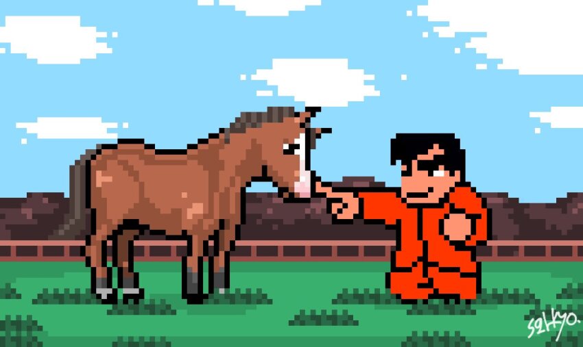 1boy artist_name black_hair commentary_request grass horse horse_racing_track jinno_shigure kunio-kun_series long_sleeves meisho_doto_(racehorse) on_grass outdoors pants pixel_art real_life red_pants red_shirt shirt signature thick_eyebrows toudou_mamoru