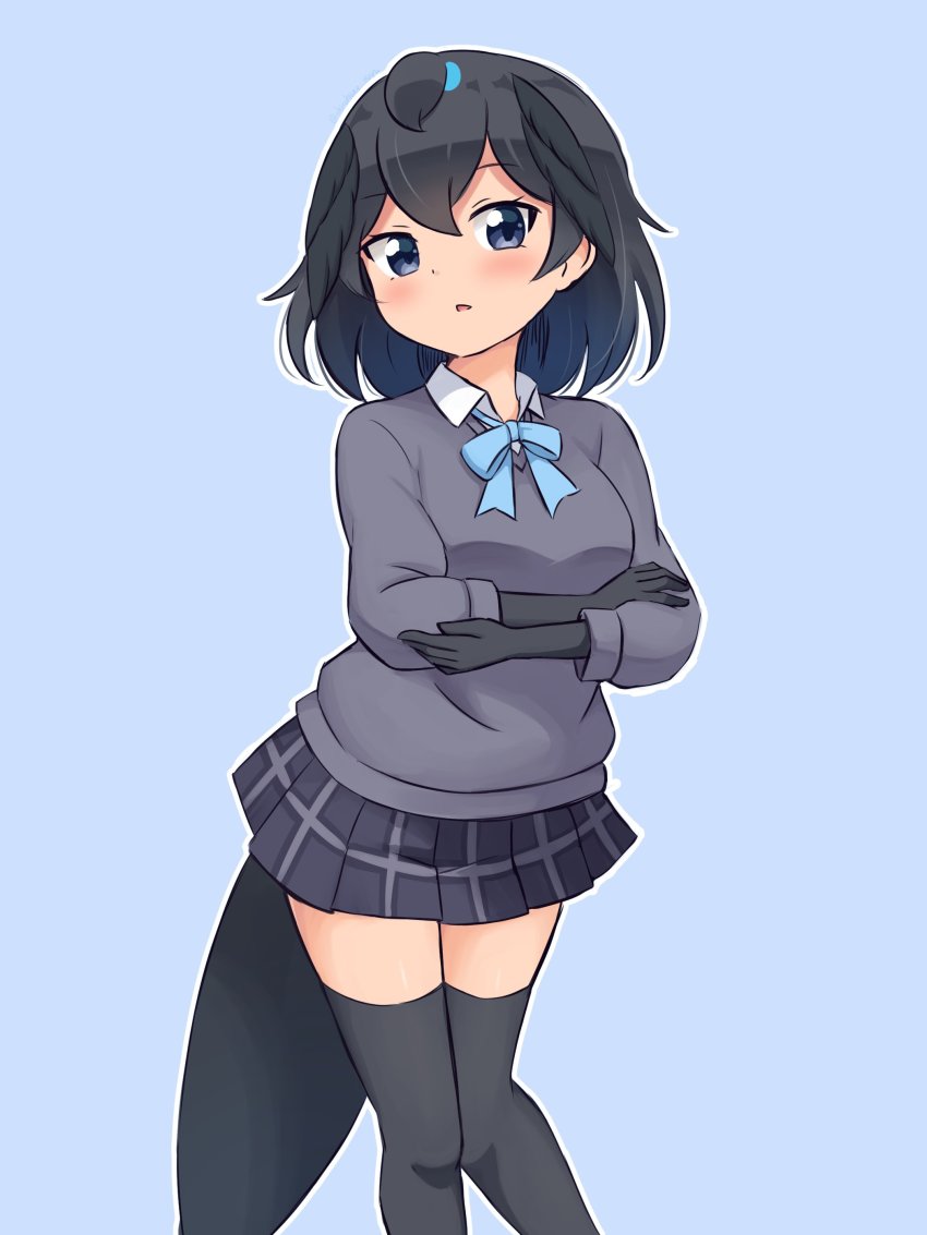 1girl absurdres adapted_costume alpine_marmot_(kemono_friends) alpine_marmot_(kemono_friends)_(cosplay) alternate_costume bird_girl bird_tail bird_wings black_gloves black_hair black_skirt black_thighhighs blue_background blue_bow blue_bowtie blue_eyes blush bow bowtie collared_shirt cosplay cowboy_shot elbow_gloves gloves grey_sweater hair_tie head_wings highres kemono_friends looking_at_viewer plaid_clothes plaid_skirt pleated_skirt shiraha_maru shirt short_hair simple_background skirt solo superb_bird-of-paradise_(kemono_friends) sweater tail thighhighs white_shirt wings zettai_ryouiki