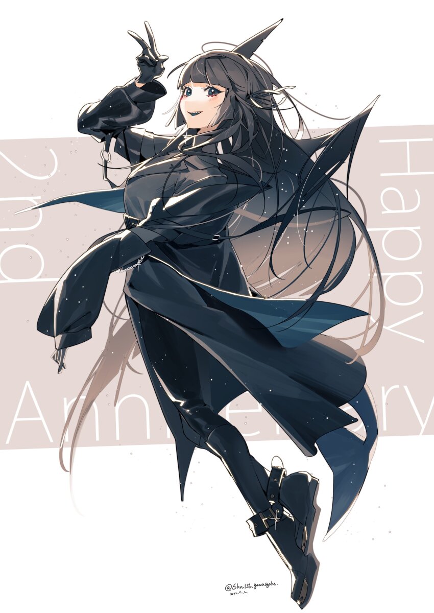 1girl 2022 absurdres artemis_of_the_blue atelier_live black_gloves black_hair blue_tongue colored_tongue dated gloves happy_anniversary hashtag-only_commentary highres long_hair official_alternate_costume shark_fin shark_girl sharp_teeth skn solo teeth v virtual_youtuber