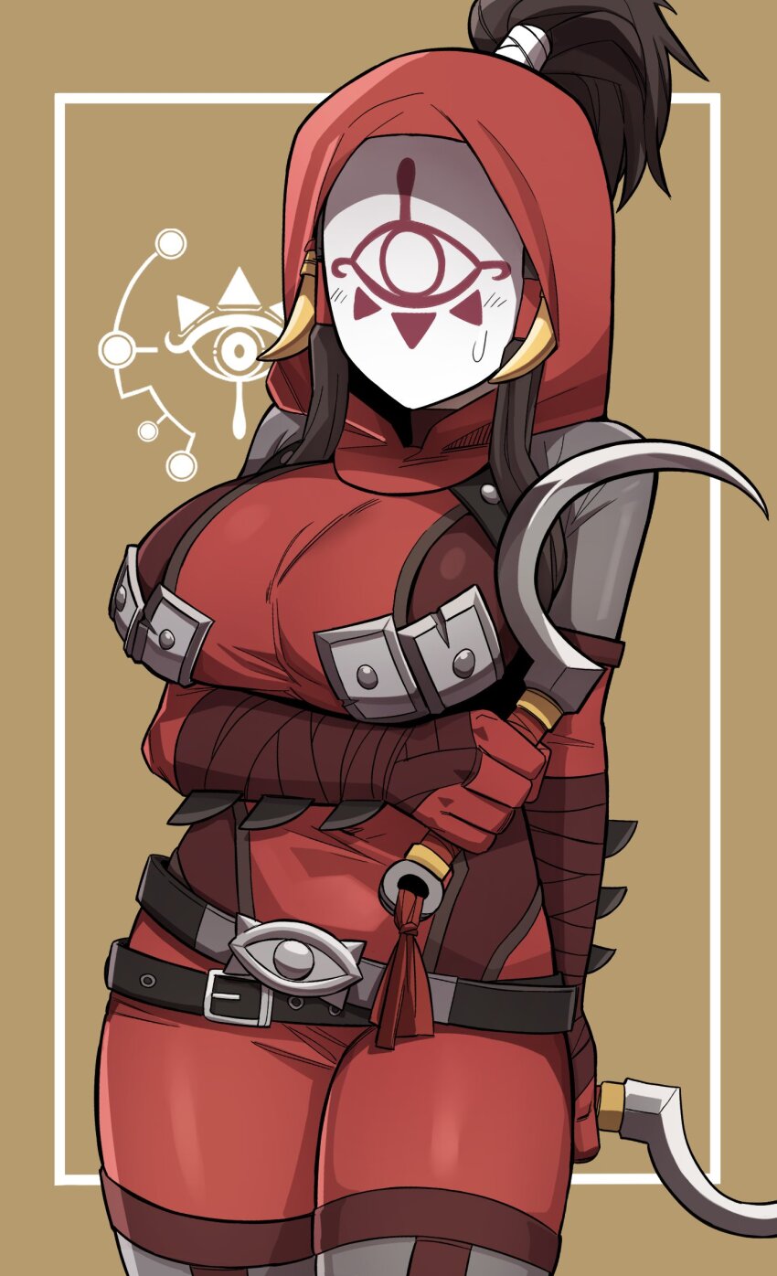 1girl arm_blade arm_under_breasts belt black_hair bodysuit breasts cowboy_shot dual_wielding hair_through_headwear high_ponytail highres holding holding_sickle hood hood_up large_breasts long_hair mask multiple_belts nintendo ponytail red_bodysuit sickle sidelocks solo sung08ko sweatdrop the_legend_of_zelda the_legend_of_zelda:_breath_of_the_wild the_legend_of_zelda:_tears_of_the_kingdom weapon yiga_clan yiga_clan_footsoldier