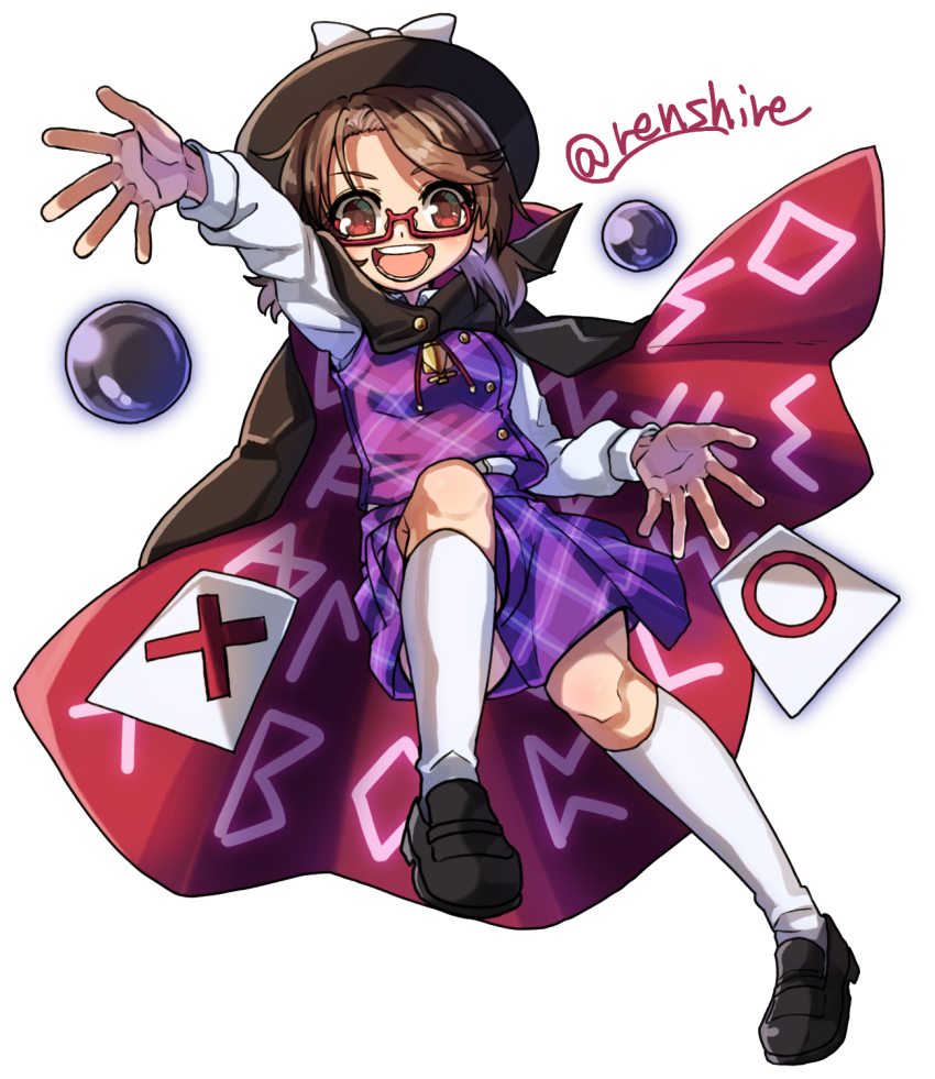 1girl :d black_footwear black_hat bow brown_hair cape full_body hat hat_bow highres low_twintails occult_ball one-hour_drawing_challenge open_mouth plaid_clothes plaid_skirt plaid_vest purple_skirt purple_vest red-framed_eyewear renshirenji runes semi-rimless_eyewear shirt short_hair simple_background skirt smile socks solo touhou twintails twitter_username under-rim_eyewear usami_sumireko vest white_background white_bow white_shirt white_socks zener_card