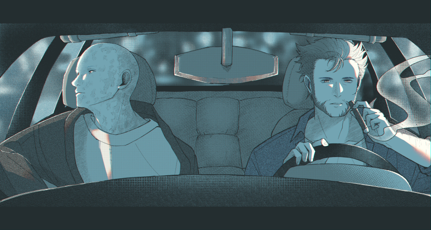 2boys animification bald beard car_interior cigar commentary_request deadpool deadpool_&amp;_wolverine deadpool_(series) doghooouse facial_hair highres holding holding_cigar long_sleeves looking_to_the_side male_focus marvel marvel_cinematic_universe multiple_boys open_clothes parted_lips scar scars_all_over shirt short_hair sitting smoke too_many upper_body wolverine_(x-men) x-men