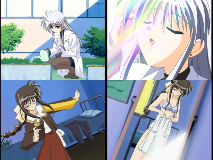 00s 2girls anime_screenshot bra braid comic filith_yazawa glasses lingerie multiple_girls pantyhose silent_comic takamachi_miyuki triangle_heart triangle_heart_3 triangle_hearts underwear undressing