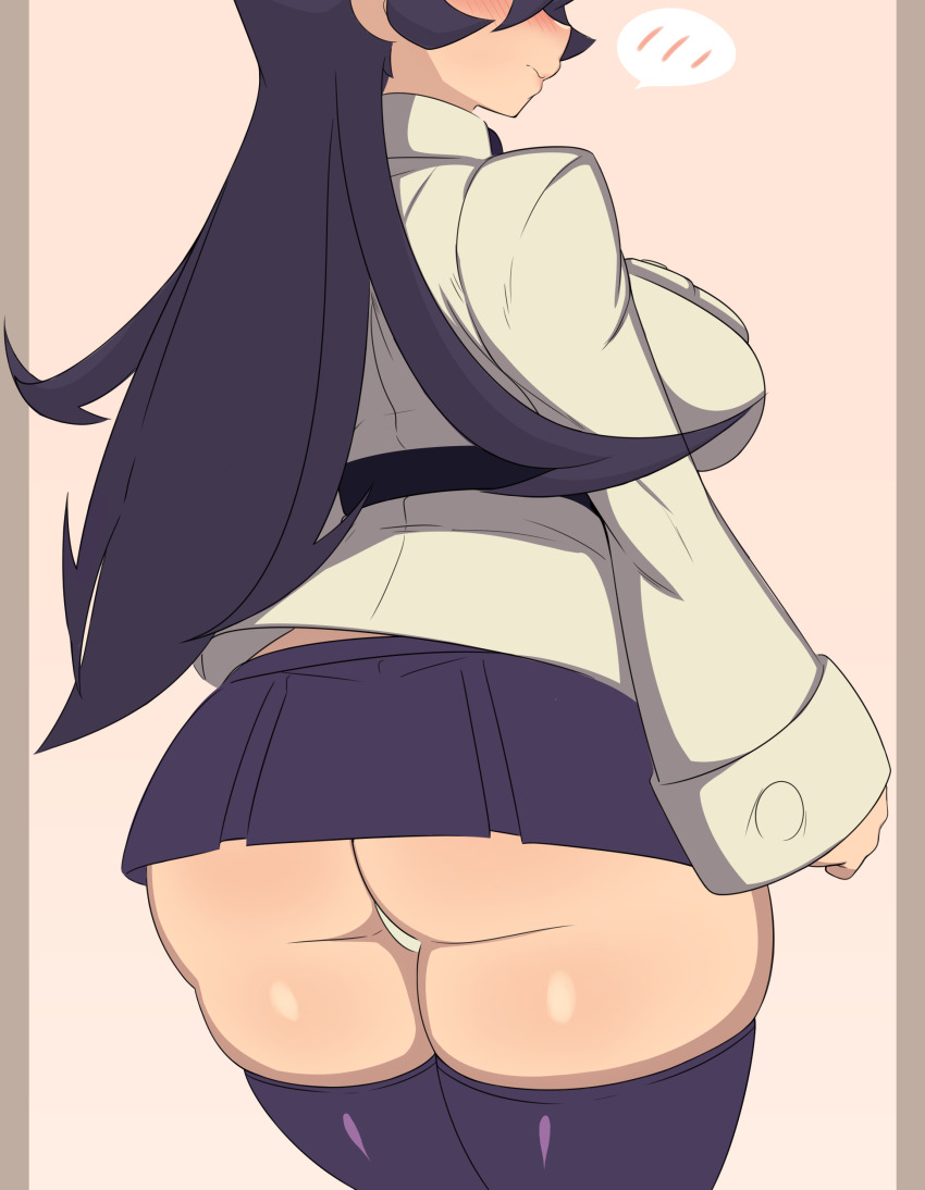 1girl absurdres ass blue_hair blush cowboy_shot filia_(skullgirls) from_behind frown head_out_of_frame highres long_hair panties pleated_skirt school_uniform shnibbles skirt skullgirls solo speech_bubble tan_background thighhighs underwear