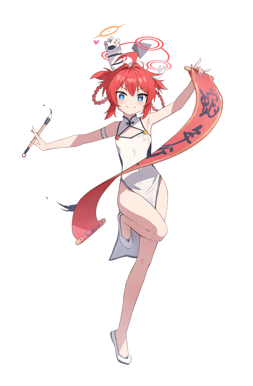 1girl absurdres ahoge alternate_costume bare_legs binah_(blue_archive) blue_archive blue_eyes blush breasts china_dress chinese_clothes closed_mouth commentary_request dress full_body hair_rings halo highres hirotaka0125 holding holding_paintbrush leg_up maki_(blue_archive) outstretched_arm paintbrush red_hair red_halo short_hair simple_background sleeveless sleeveless_dress small_breasts smile solo standing standing_on_one_leg white_background white_dress white_footwear