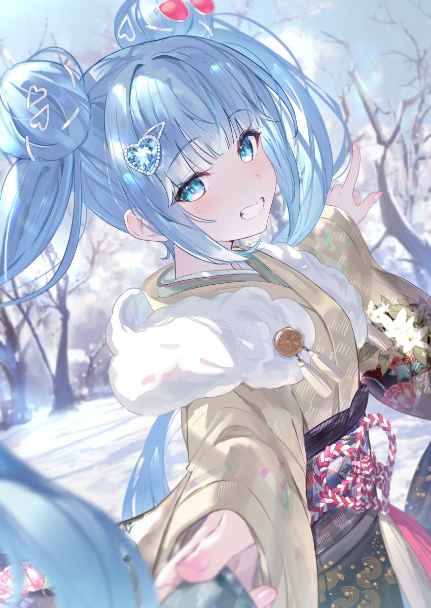 1girl arm_up bare_tree blue_eyes blue_gemstone blue_hair blue_sky blunt_bangs blurry blurry_background commentary day depth_of_field double_bun fingernails floral_print floral_print_kimono fur_scarf furisode gem gem_hair_ornament grin hair_bun hair_ornament hairclip hashtag-only_commentary heart heart-shaped_gem heart_hair_ornament heiyan_shenshi highres hololive hololive_indonesia japanese_clothes kimono kobo_kanaeru kobo_kanaeru_(new_year) kouhaku_nawa lens_flare light_blush long_hair long_sleeves looking_at_viewer looking_back obi obiage outdoors outstretched_arm pink_nails pointing pointing_forward pov print_kimono pulling_another&#039;s_clothes reaching reaching_towards_viewer rope sash scarf shimenawa sidelocks sideways_glance sky smile snow solo symbol-only_commentary tassel tree twintails upper_body very_long_hair virtual_youtuber white_scarf wide_sleeves winter yellow_kimono