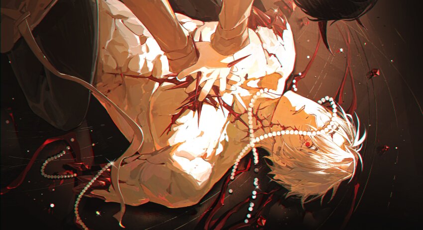 2boys absurdres black_hair blood broken_necklace cpr curtained_hair demon_horns hands_on_another&#039;s_chest highres horns impaled injury interlocked_fingers jewelry kim_dokja kneeling lying male_focus multiple_boys necklace no_shirt omniscient_reader&#039;s_viewpoint on_back one_eye_covered open_mouth pearl_necklace red_eyes red_ribbon ribbon severed_arm severed_limb spikes string_of_pearls tack_ka_2_0 veins white_hair yoo_joonghyuk