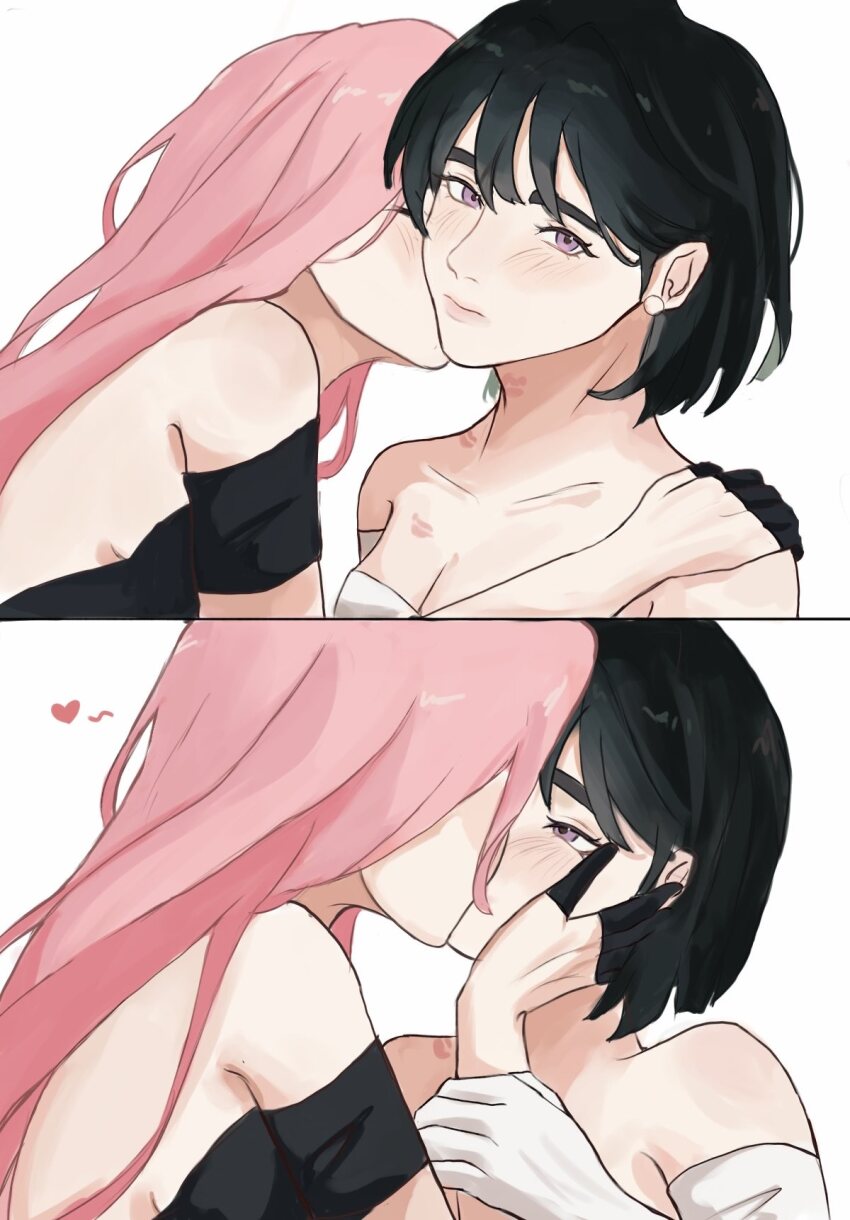 2girls alien_stage animal_ears black_dress black_gloves black_hair commentary dress english_commentary gloves half_gloves hand_on_another&#039;s_face highres kiss kissing_cheek lipstick_mark lipstick_mark_on_breast lipstick_mark_on_neck long_hair mizi_(alien_stage) multiple_girls pannpanboo pink_hair purple_eyes short_hair simple_background sua_(alien_stage) white_background white_dress yuri