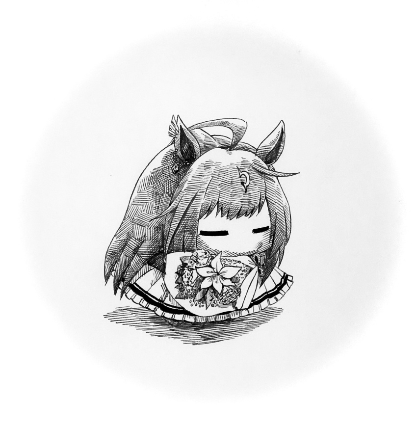 1girl ahoge animal_ear_piercing animal_ears bouquet by_tsume closed_eyes duramente_(umamusume) flower flower_request greyscale highres holding holding_bouquet horse_ears horse_girl huge_ahoge lily_(flower) long_hair monochrome mourning no_mouth pleated_skirt school_uniform skirt solo summer_uniform tracen_school_uniform umamusume very_long_hair