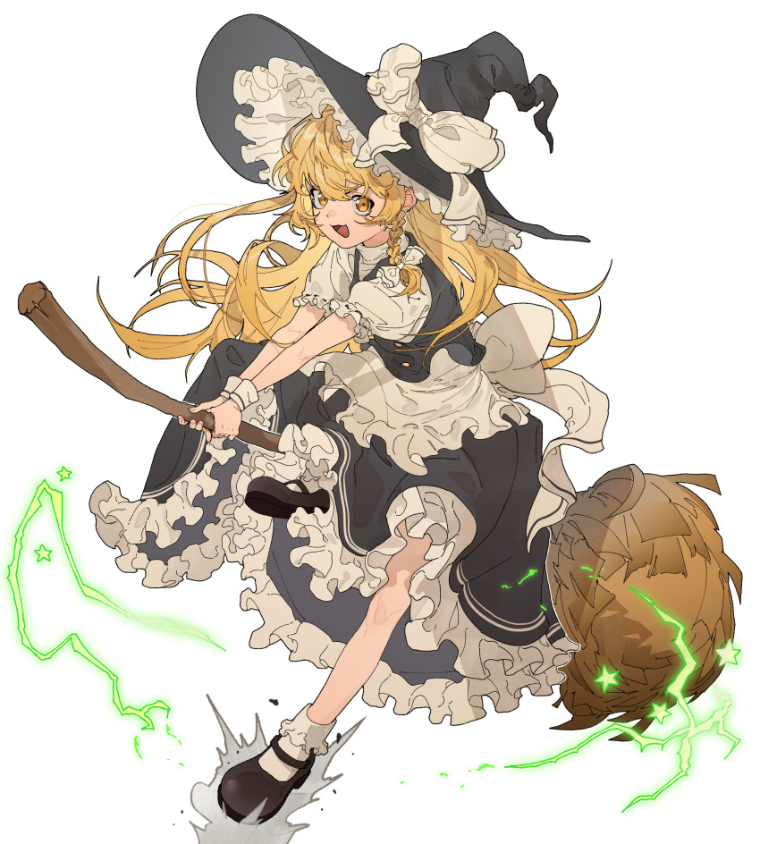 1girl :3 apron black_hat black_shoes black_skirt black_vest blonde_hair bow braid broom broom_riding buttons commentary double-breasted frilled_apron frilled_skirt frilled_sleeves frilled_socks frills full_body hair_bow hat hat_bow highres kirisame_marisa long_hair looking_at_viewer mary_janes open_mouth puffy_short_sleeves puffy_sleeves ribbon-trimmed_sleeves ribbon_trim shimiya_jin shirt shoes short_sleeves side_braid simple_background single_braid skirt socks solo star_(symbol) touhou very_long_hair vest waist_apron white_apron white_background white_bow white_shirt white_socks witch_hat wrist_cuffs yellow_eyes