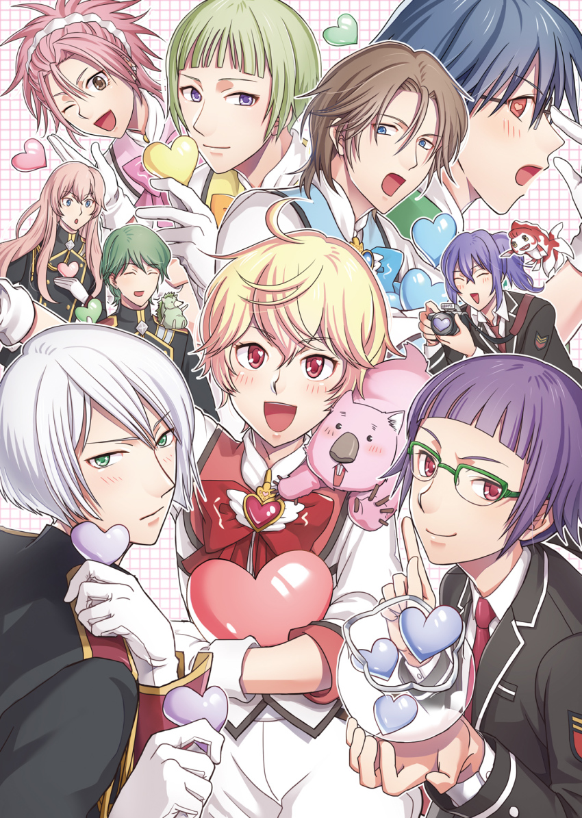 10s 6+boys arima_ibushi binan_koukou_chikyuu_bouei-bu_love! blonde_hair blue_eyes blush brown_eyes brown_hair everyone closed_eyes fish gero_akoya glasses gloves green-framed_eyewear green_eyes green_hair hakone_yumoto hakonoyama heart heart-shaped_pupils highres hireashi kinosaki_kou kinugawa_atsushi kusatsu_kinshirou long_hair magical_boy male_focus multiple_boys naruko_io one_eye_closed open_mouth pink_hair ponytail purple_eyes purple_hair red_eyes school_uniform short_hair smile symbol-shaped_pupils tazawa_masuya white_hair wombat_(bouei-bu) yufuin_en zaou_ryuu zundar_(bouei-bu)